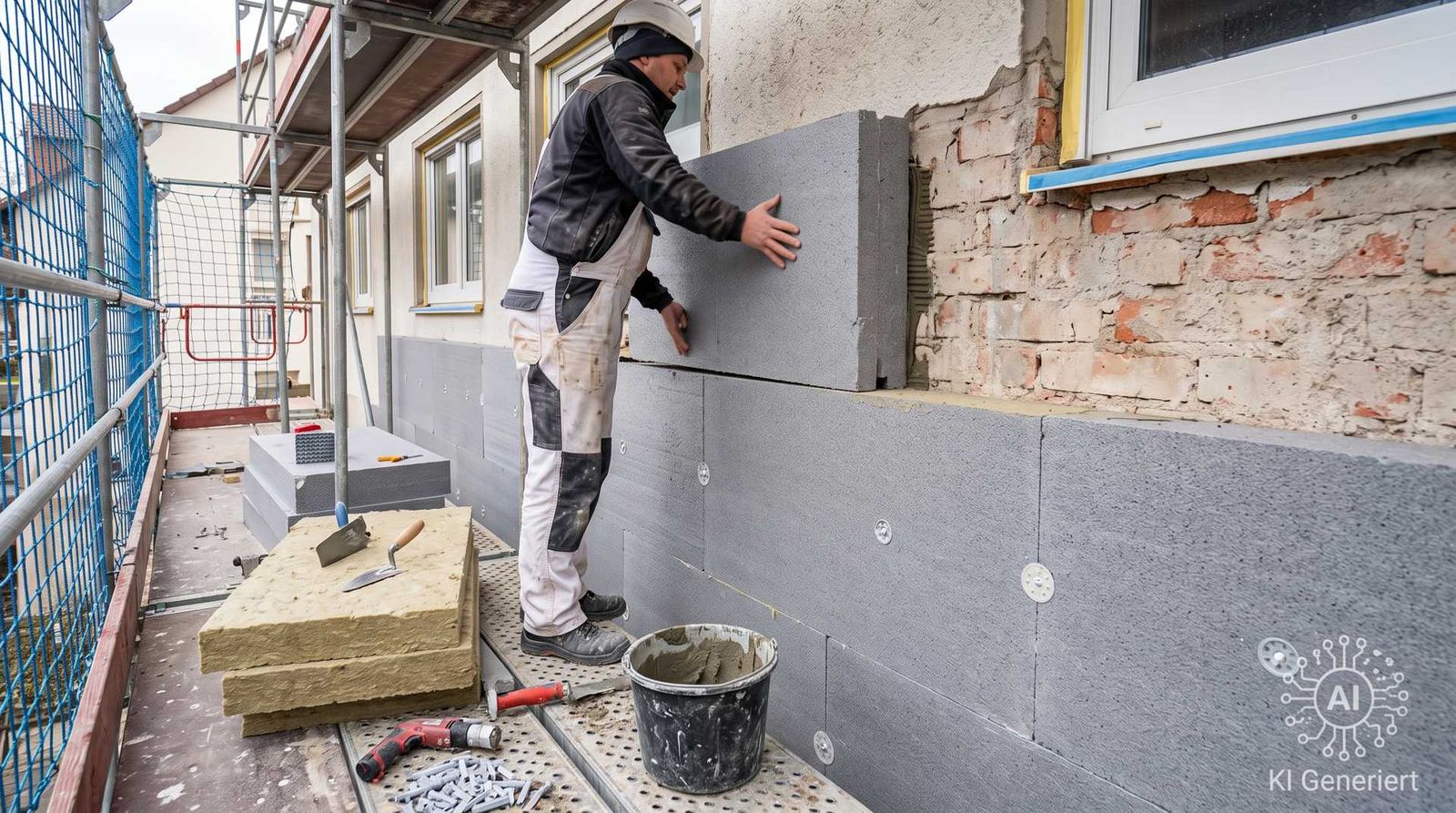 Symbolbild, KI-generiert: Handwerker klebt graue Dämmplatten an eine Hauswand auf dem Gerüst