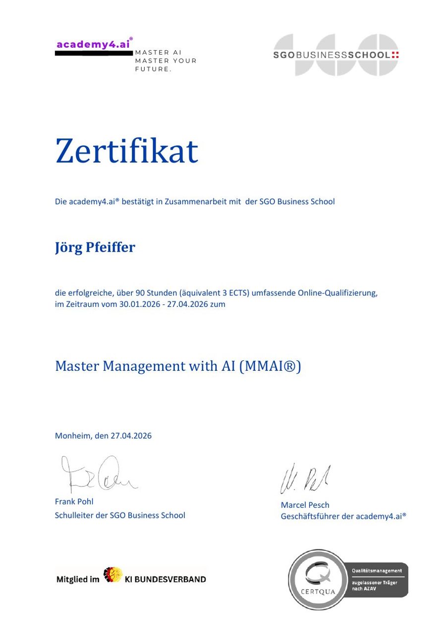 Certificat Master Management with AI (MMAI®) de Jörg Pfeiffer, academy4.ai® et SGO Business School, 27/04/2026