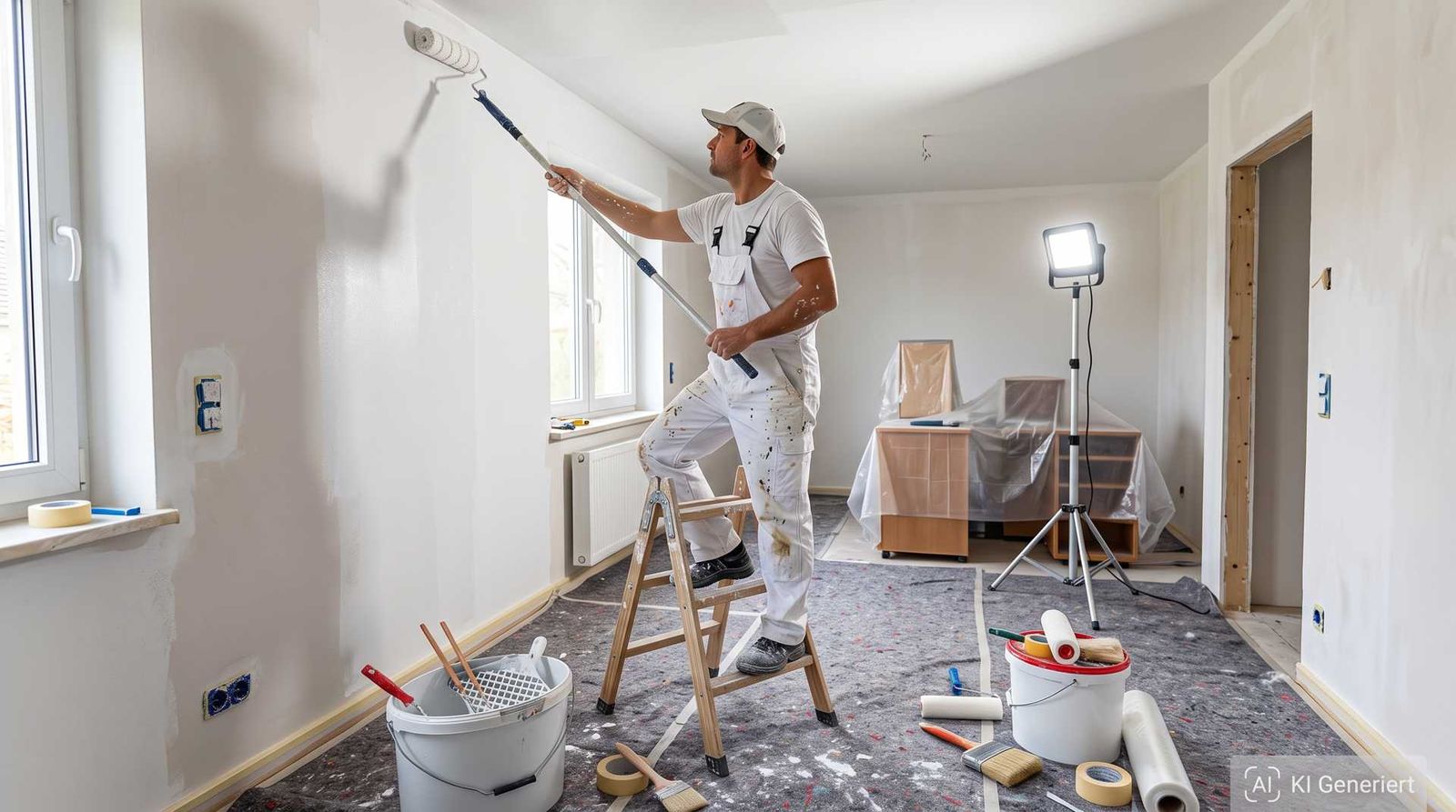 Image d’illustration générée par IA : peintre peignant un mur au rouleau, sol et meubles protégés